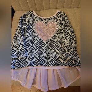 Girls Black & White Aztec Sweater with Pink Sequin Heart And Pink Flowy Back